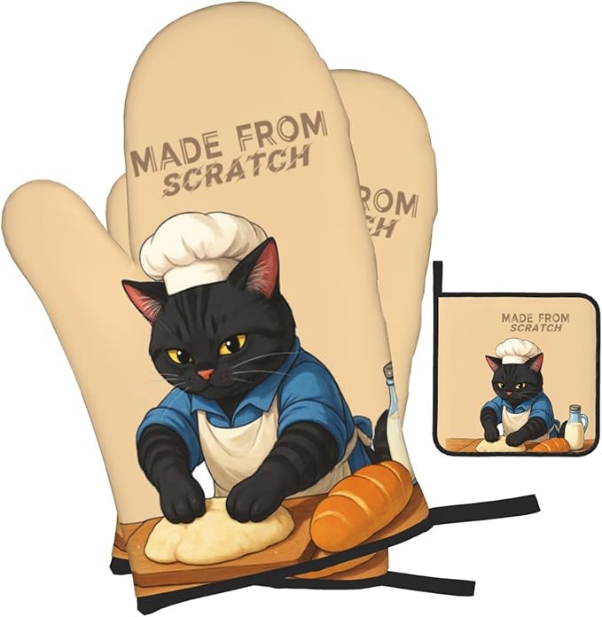 Funny Black Cat Oven Mitts and Pot Holders Set, Heat Resistant Cute Oven Gloves - Image 2