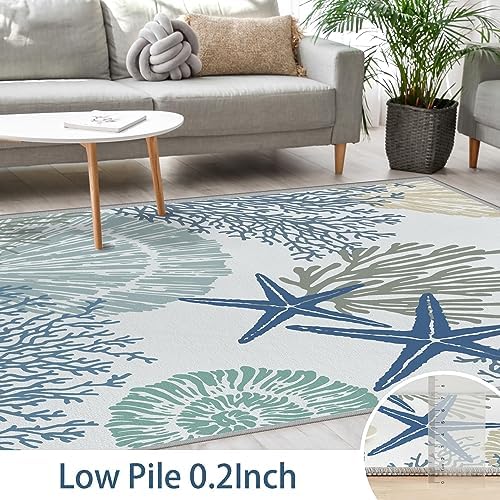 Tritard 6x9 Coastal Rug for Living Room, Machine Washable Bedroom Rug, Blue
