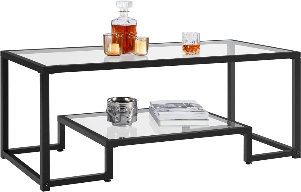 Yaheetech Glass Coffee Table for Living Room, 42" with Storage Shelf, Black