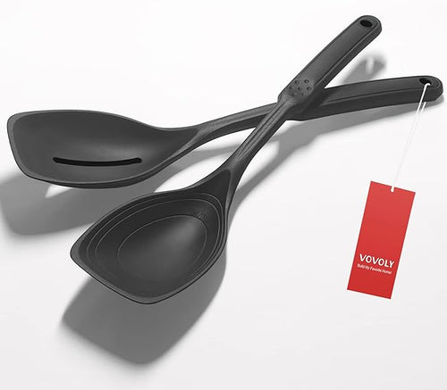2 Pack Large Silicone Cooking Spoon, Non-Stick Slotted and Solid Spoon set by VOVOLY