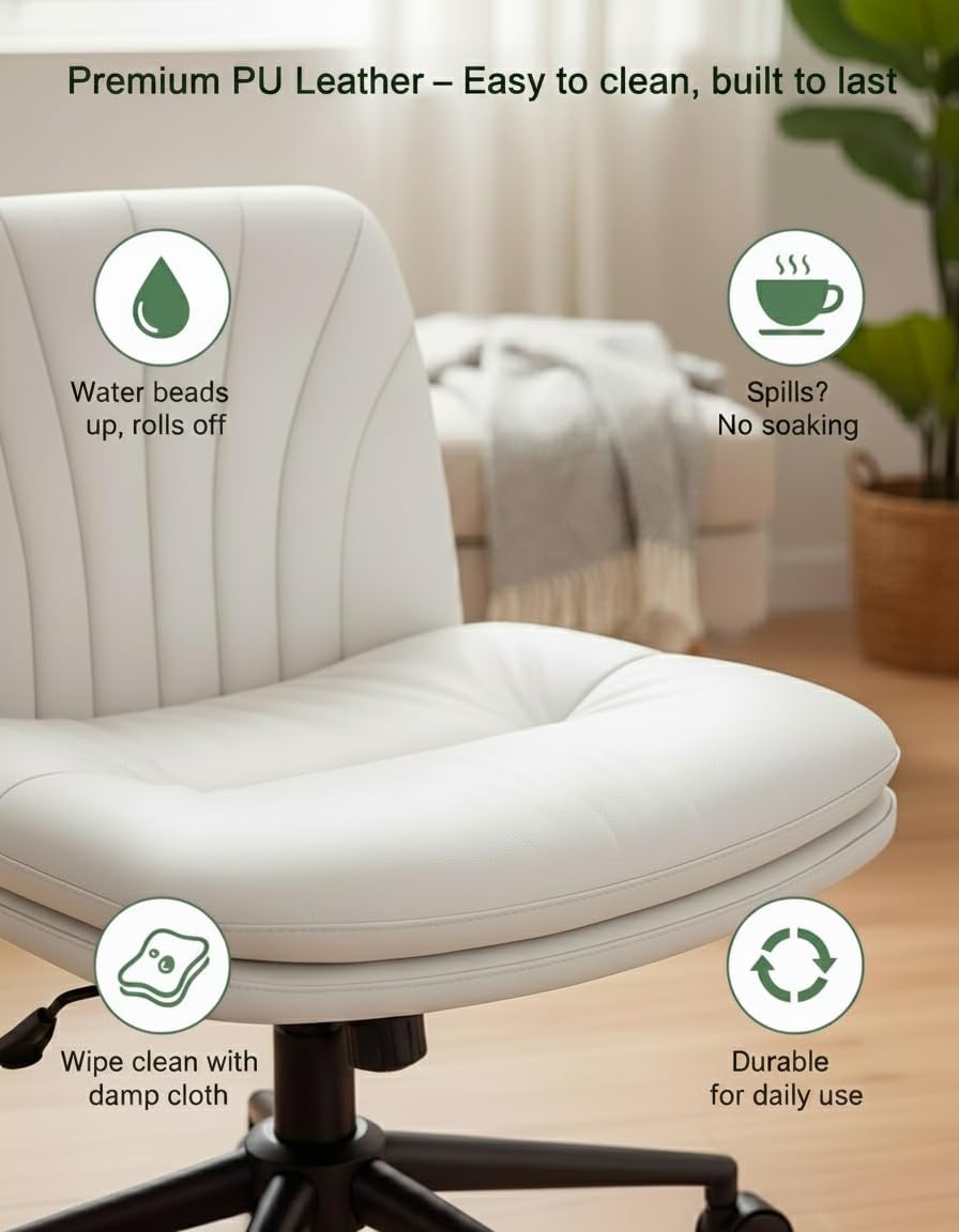 Marsail Armless-Office Desk Chair with Wheels: PU Leather Cross Legged Wide C...