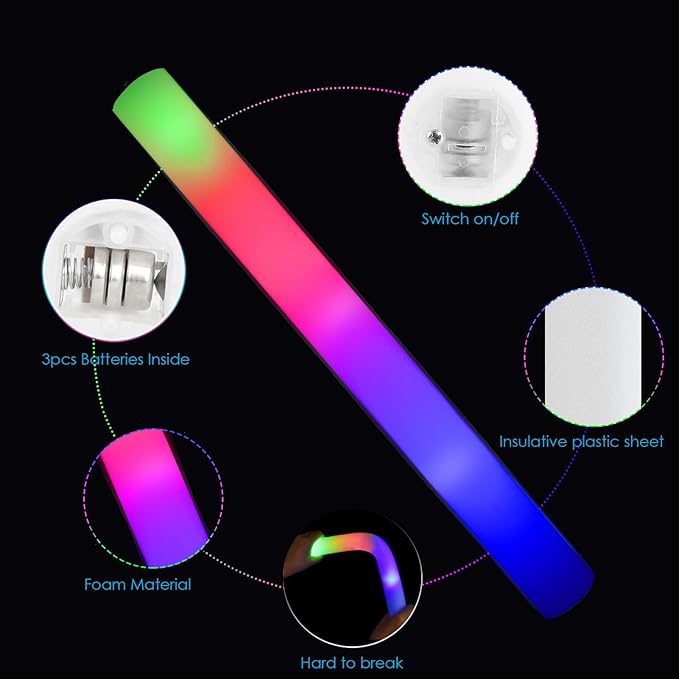 EXCECAR 70PCS Foam Glow Sticks, LED Light Up Foam Sticks with 3 Modes Flashin...