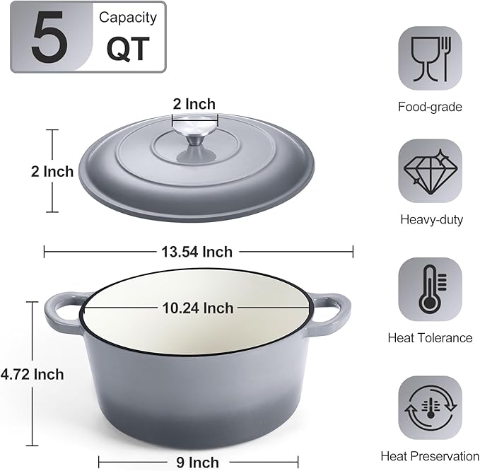 P&P CHEF 5QT Enameled Dutch Oven, Cast Iron Dutch Oven Pot - Image 2