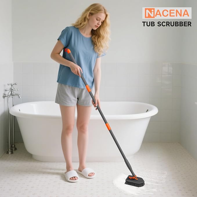 nacena Shower Scrubber with Long Handle, 3 in 1 Tile Tub Scrubber Brush with 3 - Image 7