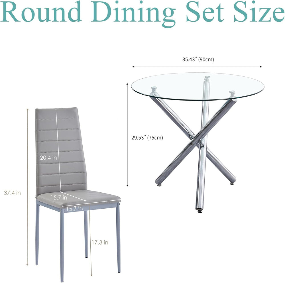 Round Glass Dining Room Set for 4 Modern Clear Silver Kitchen Table and Faux ...