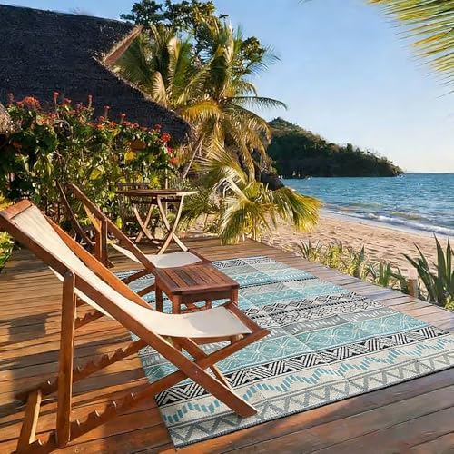 Outdoor Rug 8 x10 ft, Plastic Rug for Patio, Blue & Grey