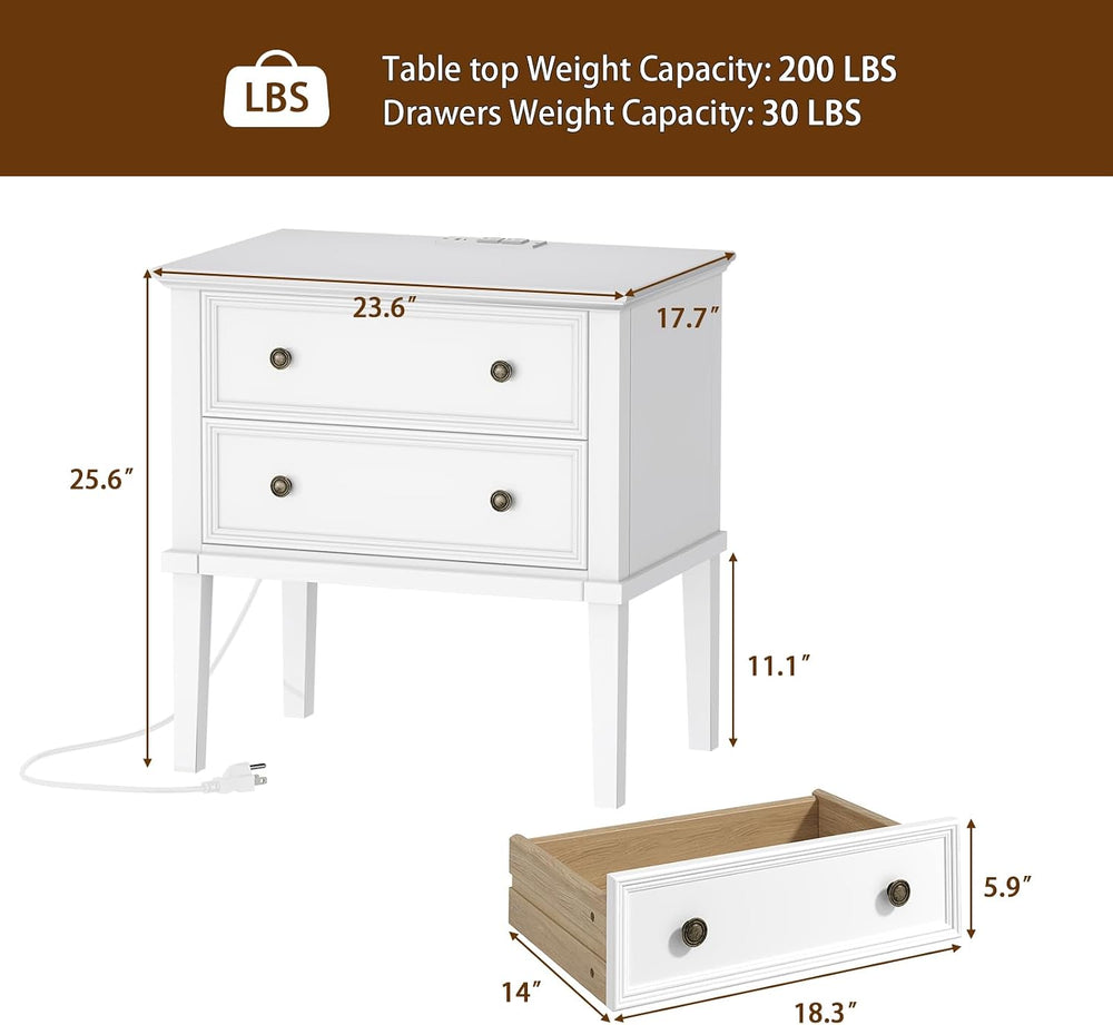 IKENO Solid Wood Nightstand with Charging Station, Farmhouse End Table with 2...