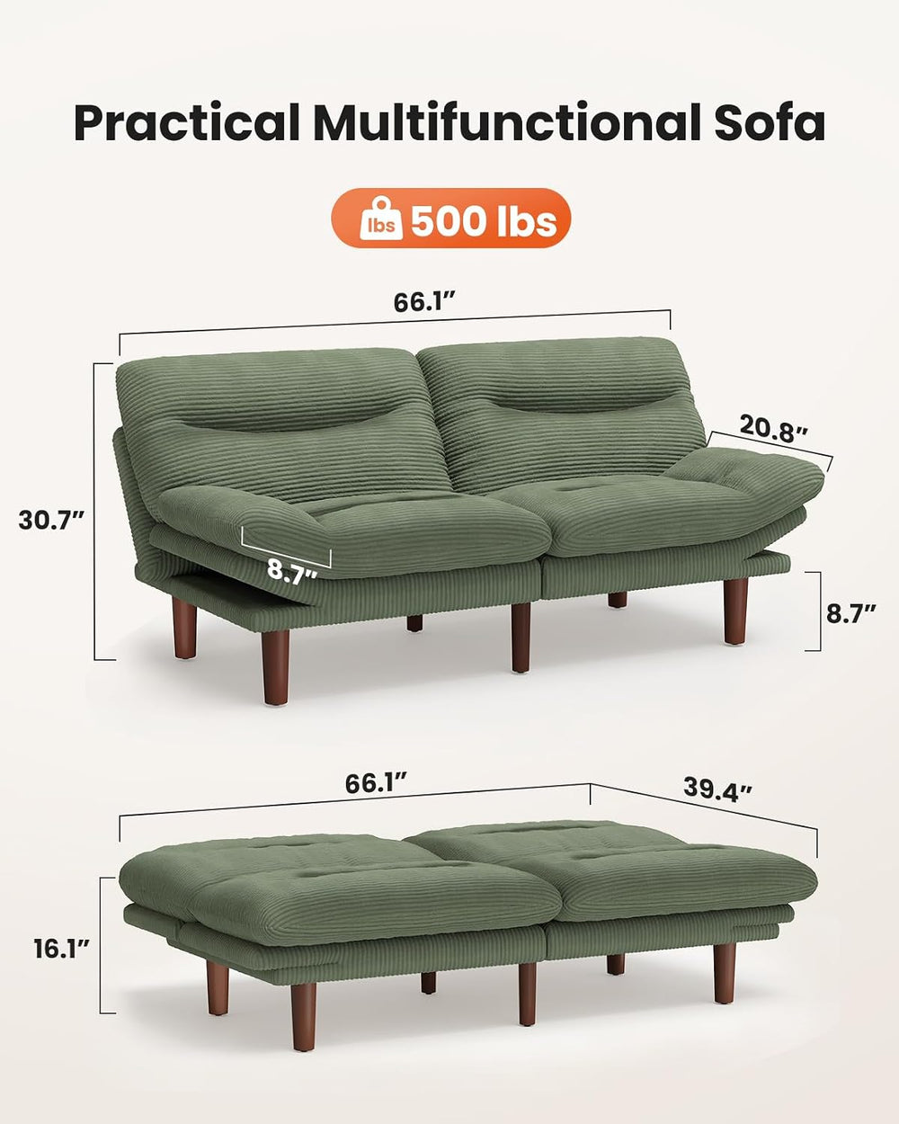 Amada 66 inch Convertible Corduroy Futon Sofa Bed, Forest Green