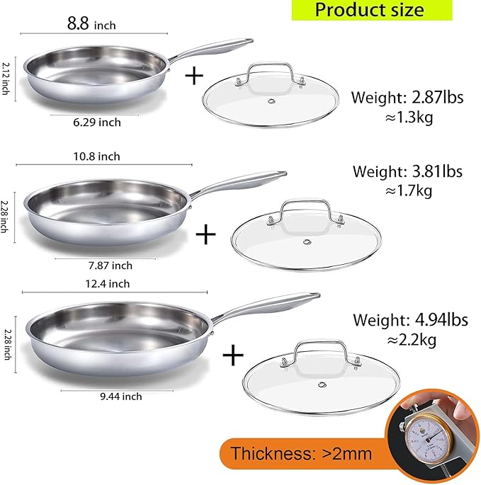 DELARLO Tri-ply Stainless Steel Frying Pan Set 8" 10" 12" - Image 3