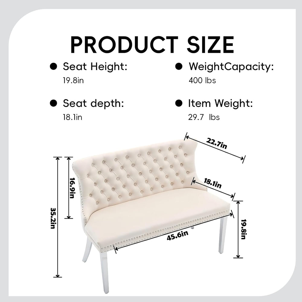 Beige Velvet Dining Bench, Tufted Upholstered Dining Loveseat