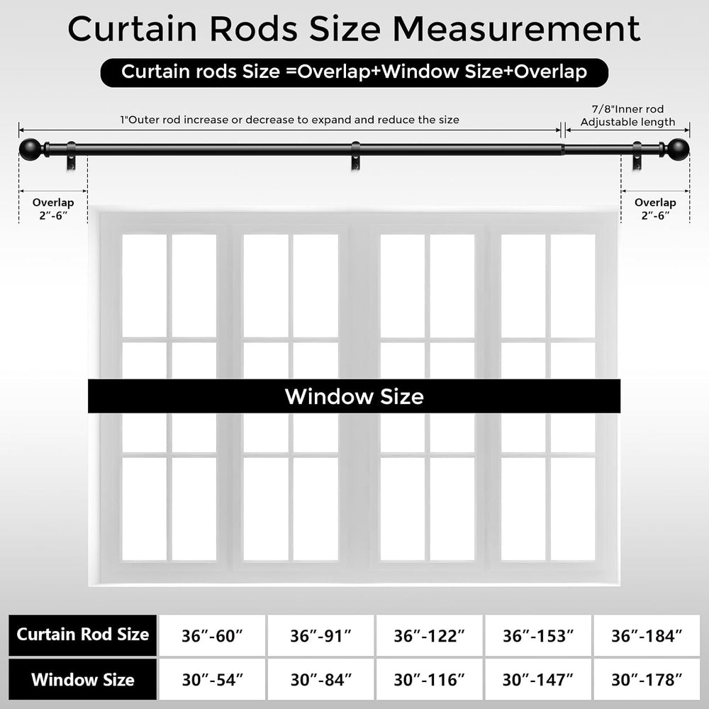 2 Pack Curtain Rods 36-91 Inch, Black 1 Inch Adjustable Heavy Duty Curtain Ro...