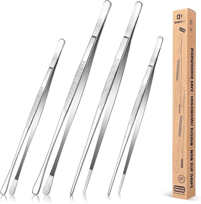 4 Pcs Fine Long Tweezer Tongs Professional Silver, Sea food and BBQ by BUNDLEPRO