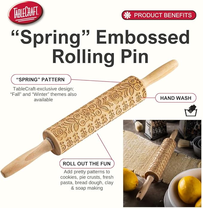 TableCraft Embossed Beech Wood Rolling Pin – 15.25 Inches, Fall Leaf Imprint - Image 2