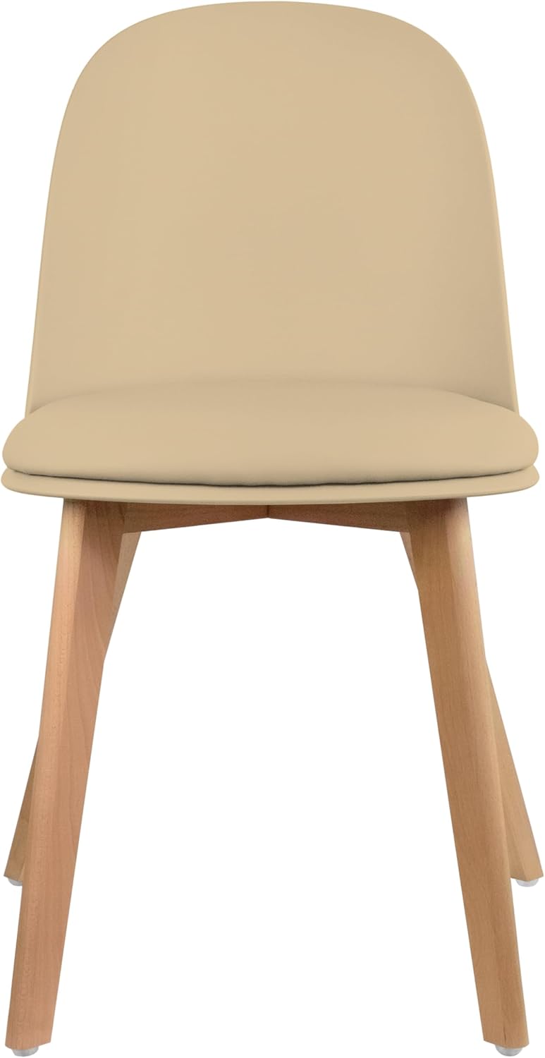 2xhome Modern Armless Dining Chair | Plastic Shell with PU Leather Cushion Padded Seat and Wooden Legs | Indoor or Outdoor Use | Home Kitchen Patio, Beige, Single, Set of 1