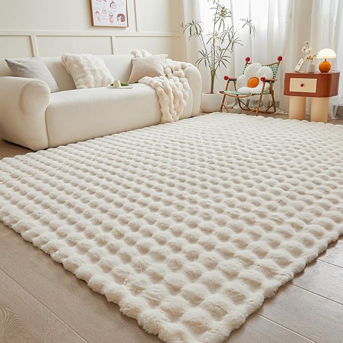 Creamy White Rabbit Plush Rug 8'x10', Fluffy Faux Fur Shaggy Area Rug
