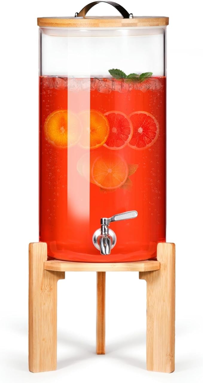 Glass Beverage Dispenser with Bamboo Stand 6.7 In and Lid, Iced 2.9 Gallon by StrirumoHome