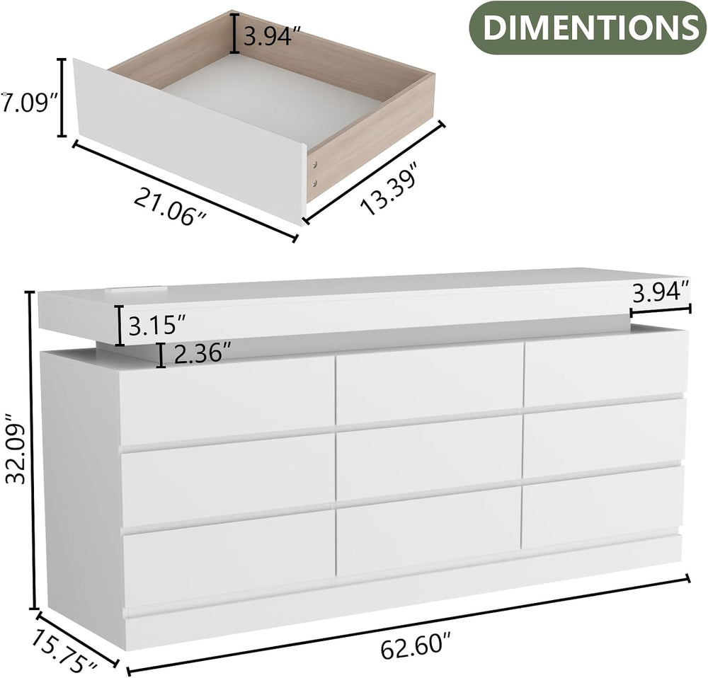 Gyfimoie 9 Drawer Dresser with Power Outlet, Modern Dresser with LED Light