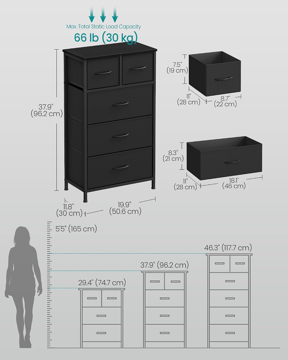 songmics tall dresser for bedroom, 5 fabric drawers shown in use