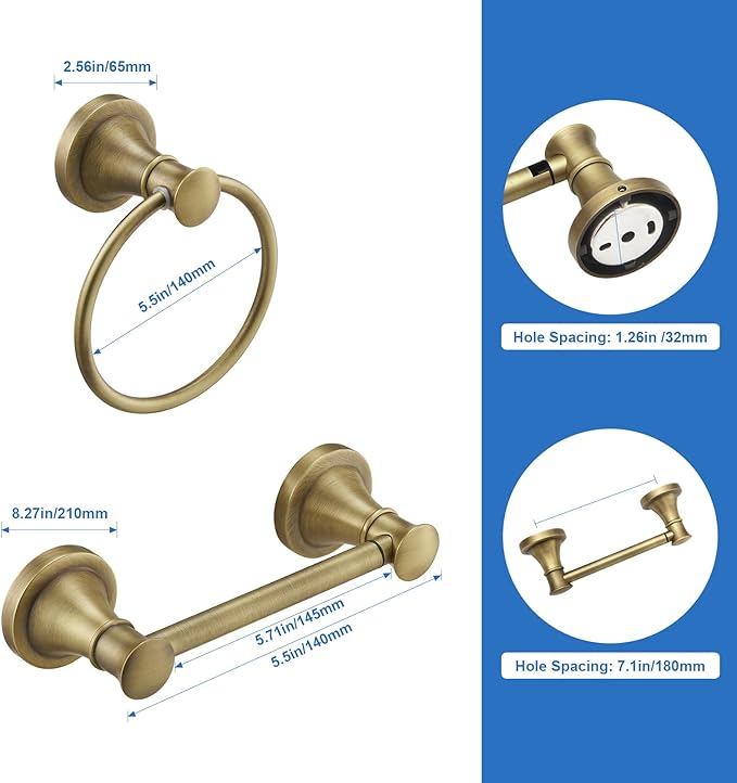RUMOSE Toilet Paper Holder and Hand Towel Ring Antique Brass Wall Mount - Image 5