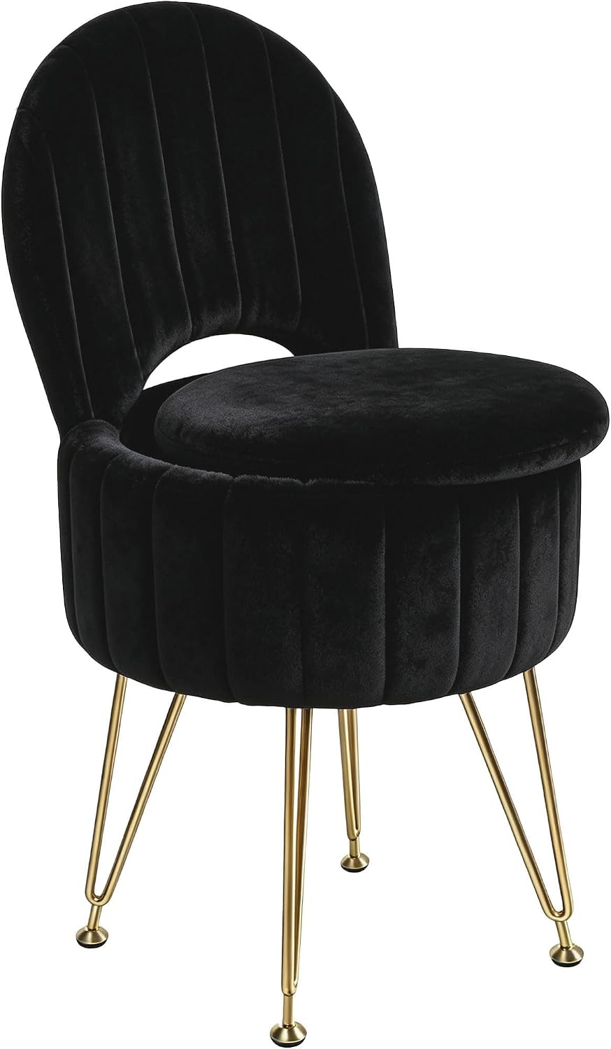 Garvee Vanity Stool Chair with Storage, Folding Back,Faux Fur,Black,Small