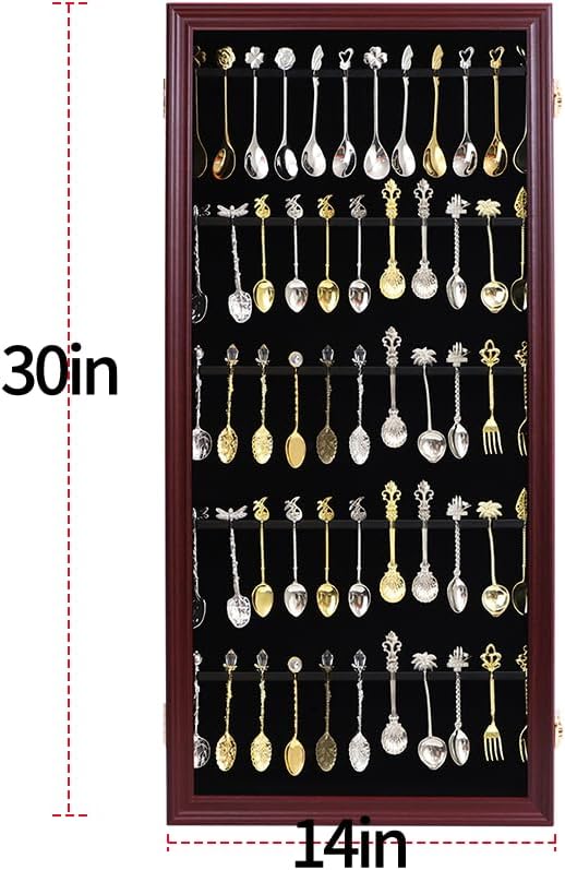 60 Souvenir Spoon Display Case Wall Mount Lockable Cabinet Cherry