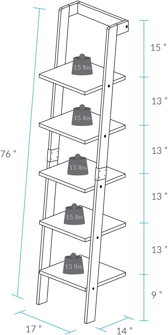 Kavari 5-Tier Leaning Ladder Bookcase with Solid American Gum Shelves - Black...