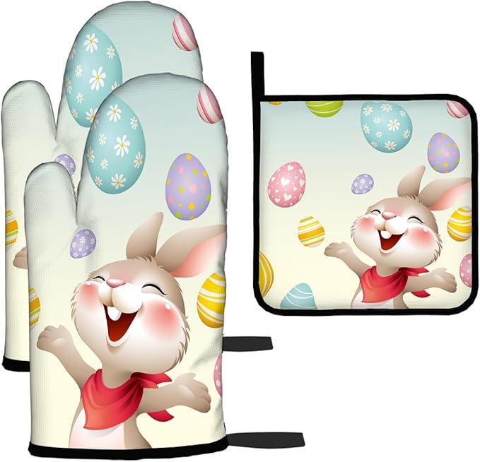 LOKMU Oven Mitts and Pot Holders Set of 3, Smiley Bunny by LOKMU
