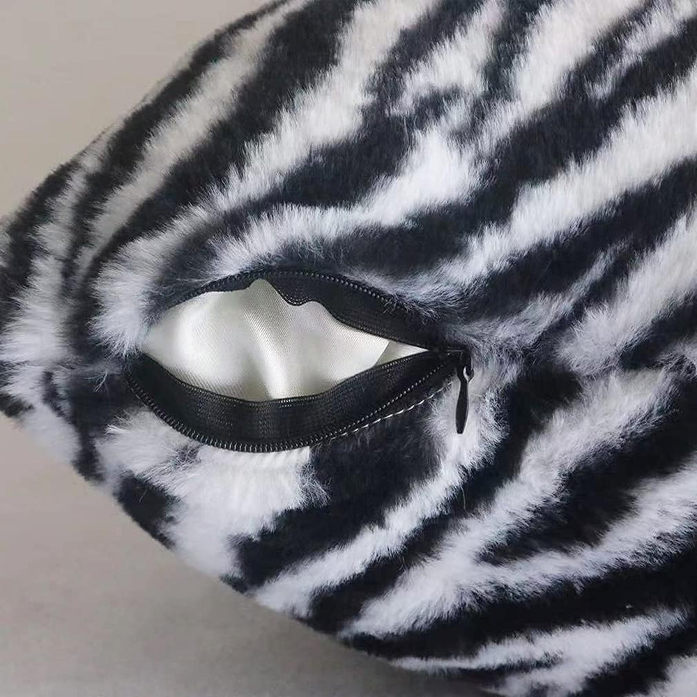 Black White Square Pillow Cover Soft Fluffy Fuzzy Faux Fur Zebra Stripe Throw...