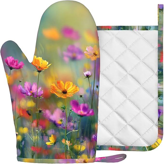 Retro Colorful Flowers Oven Mitts and Pot Holders Sets Boho Floral Non-Slip - Image 2