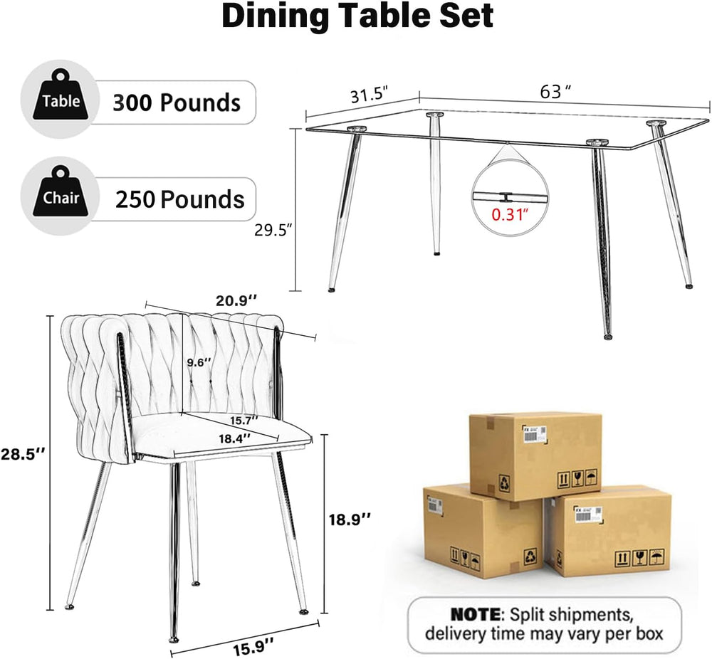 Baysitone 63" Modern Glass Dining Table with 4 Green Velvet Dining Chair...