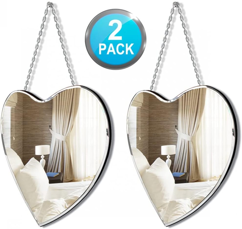 QMDECOR Heart Shaped Mirror with Iron Chain for Wall Decor 12x12 inch 2 Pack ...