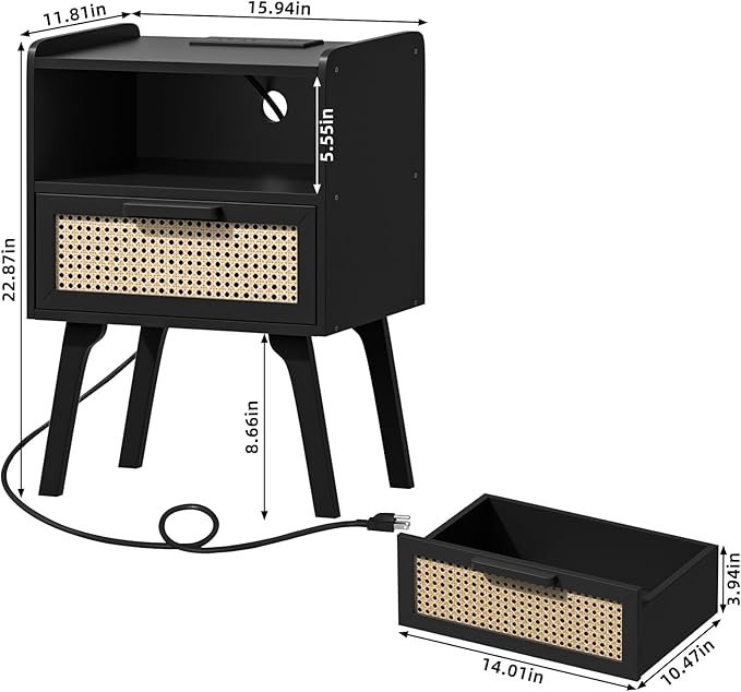 Lerliuo Rattan Nightstand with Charging Station, Black Bedside Table with Dra...