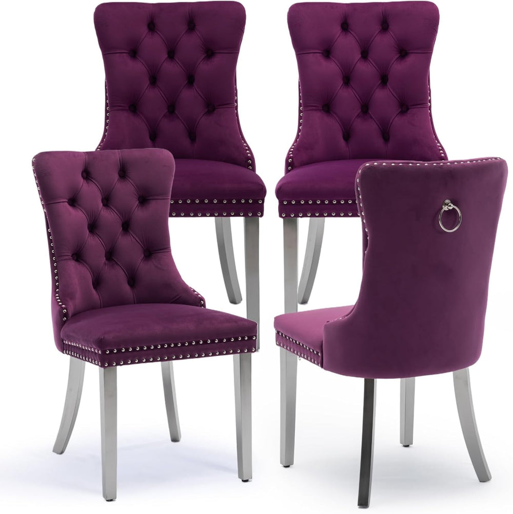 Velvet Upholstered Dining Chairs Set of 4, Modern Kitchen Side Chairs with Na...