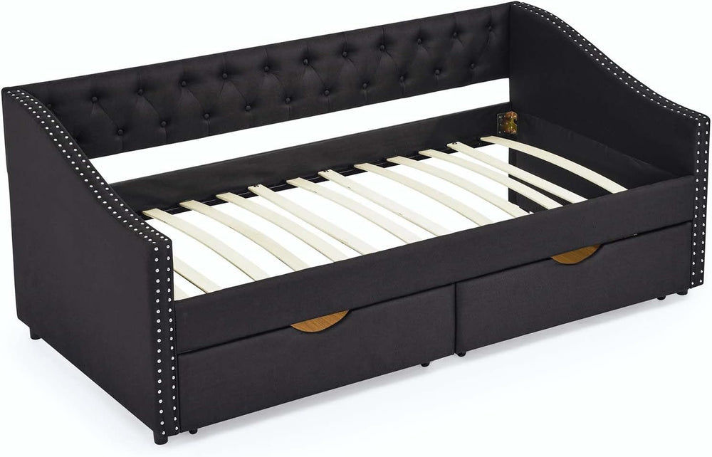 Daybed with Drawers, Modern Linen Upholstered Twin Size Day Bed Button-Tufted...