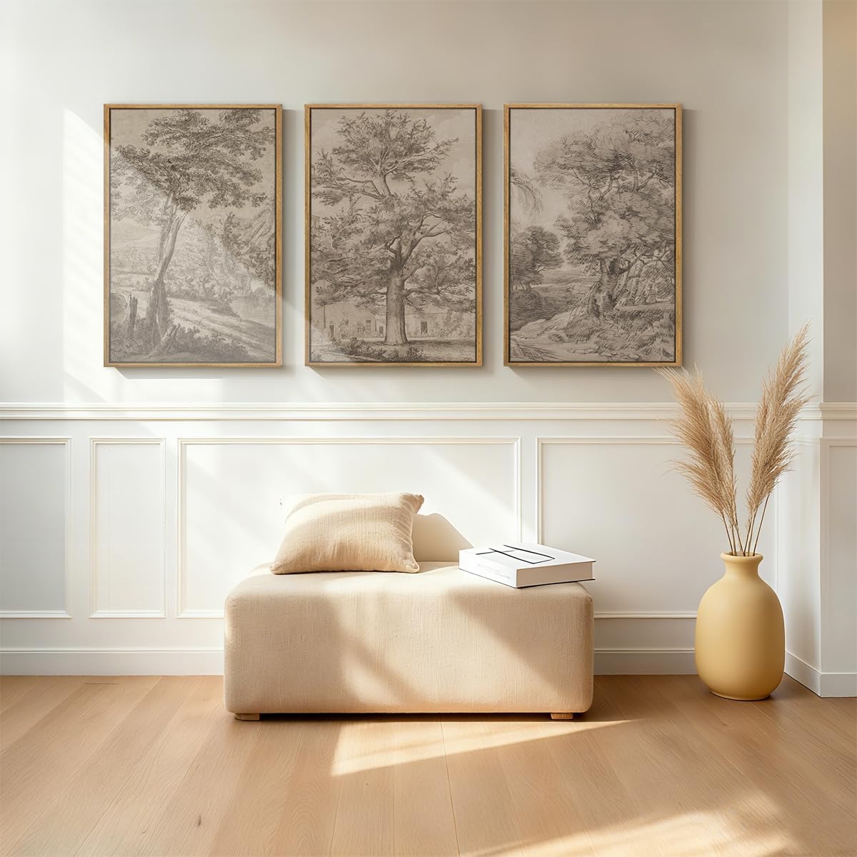 extra large wall art framed vintage tree sketch shown in use