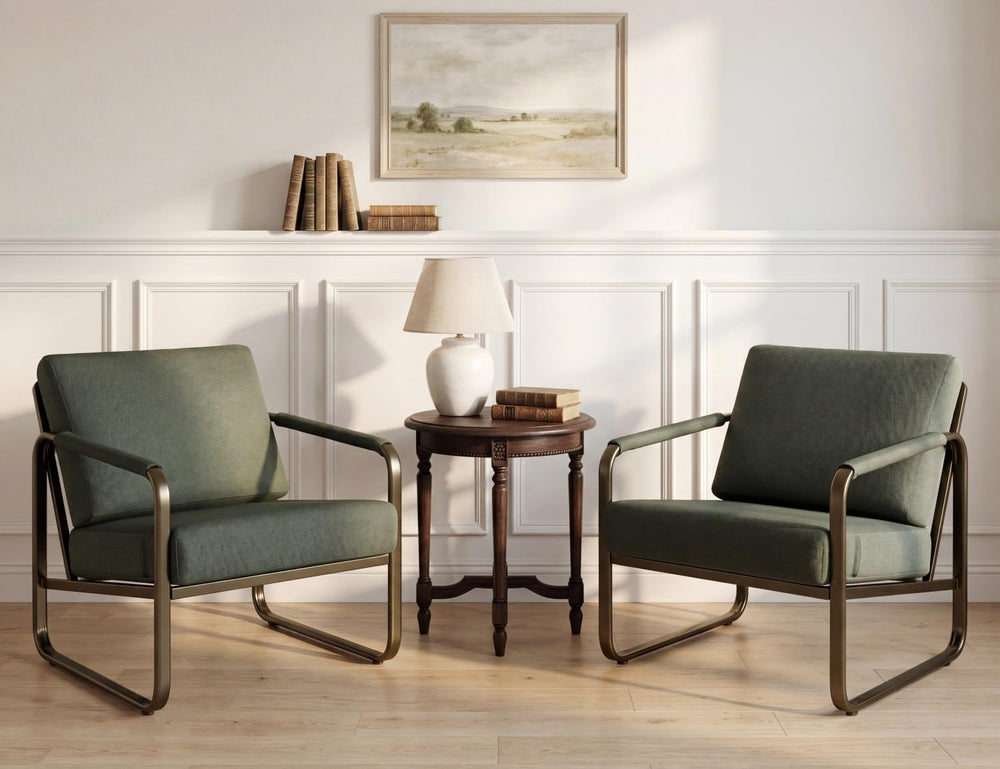 PrimeZone Mid Century Modern Accent Chair Set of 2 - Fabric Armchair, Green