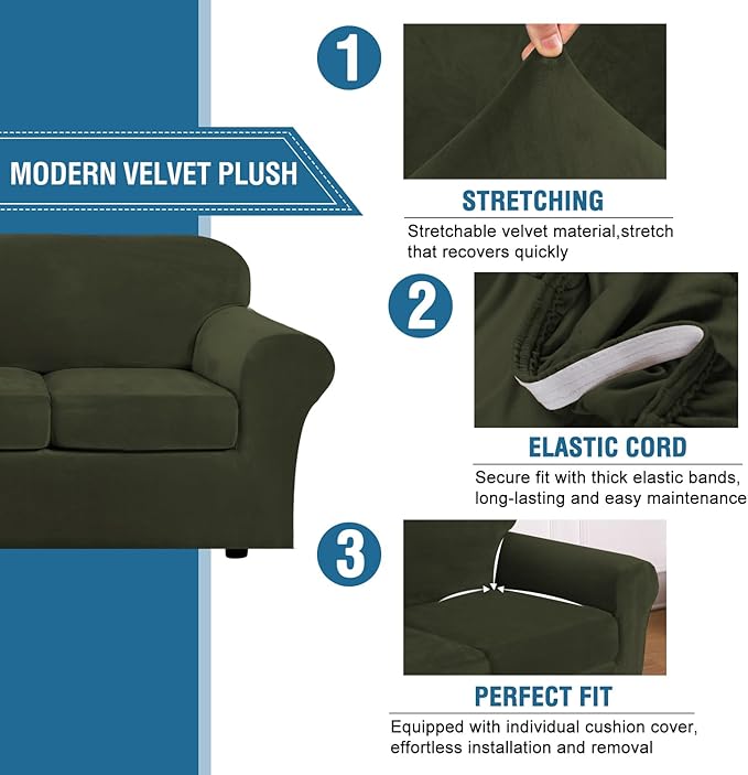 H.VERSAILTEX Real Velvet Plush 3 Piece Stretch Sofa Covers Couch Covers - Image 3