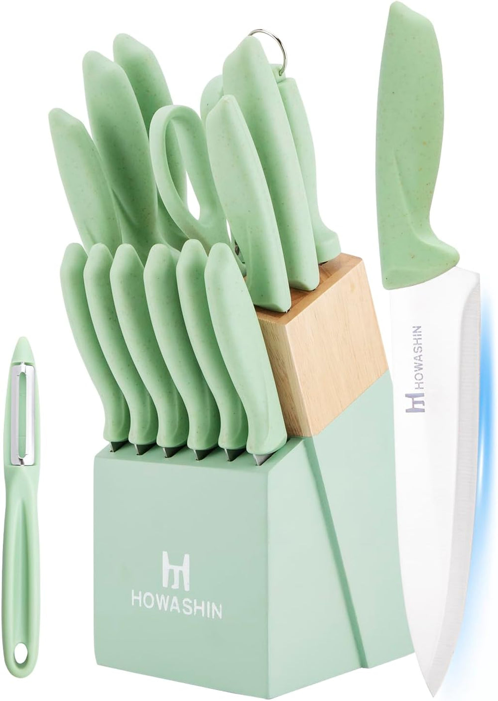 Green Knife Set, High Carbon German Stainless Steel Knife Block Set, Hand wash