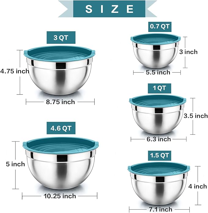 P&P CHEF Mixing Bowls with Airtight Lids Set of 5, 10-Piece Stainless Steel - Image 4