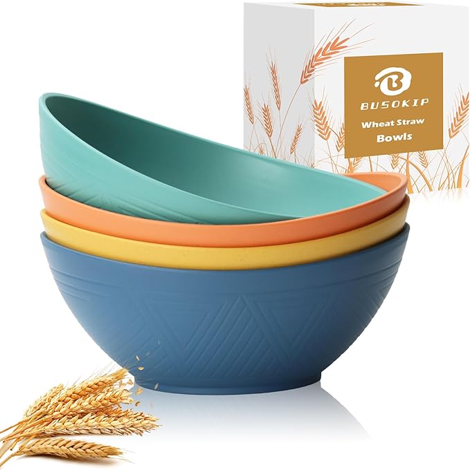 65 OZ Wheat Straw Bowls Set of 4, Large Unbreakable Salad Bowls, Microwave & by BUSOKIP