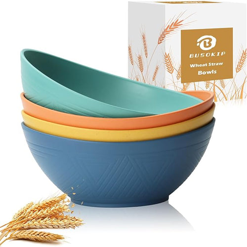 65 OZ Wheat Straw Bowls Set of 4, Large Unbreakable Salad Bowls, Microwave & by BUSOKIP