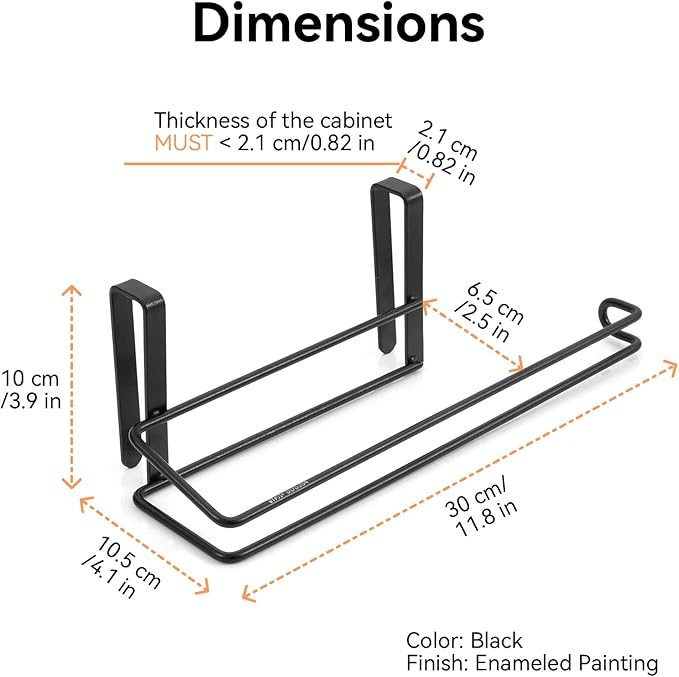 T.R.Sani. Black Paper Towel Holder Under Cabinet, Over The Cabinet Door Paper - Image 3