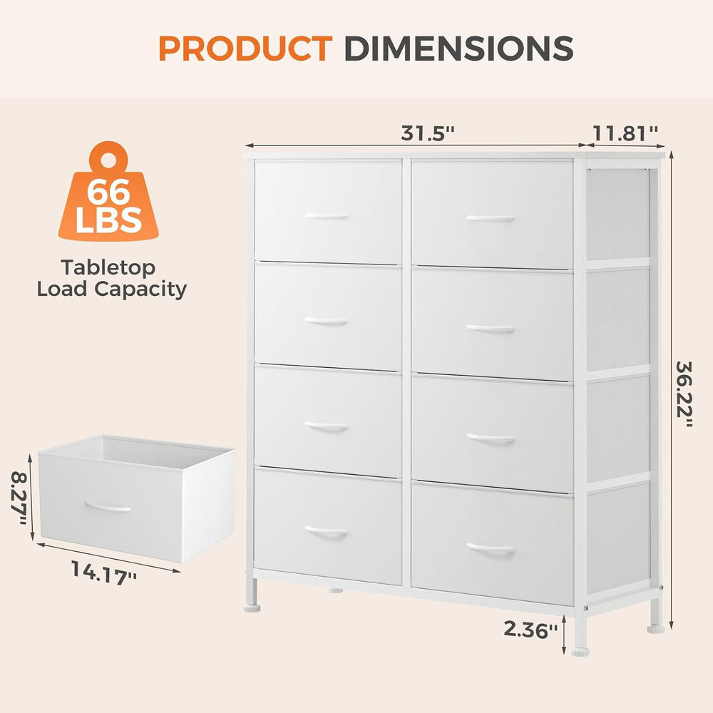 Sweetcrispy 8 Drawer Fabric White Dresser for Bedroom, Tall Double Dresser