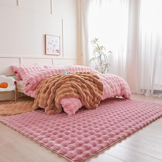 Pink Rabbit Plush Rug 5'x8', Fluffy Faux Fur Shaggy Area Rug - Image 4