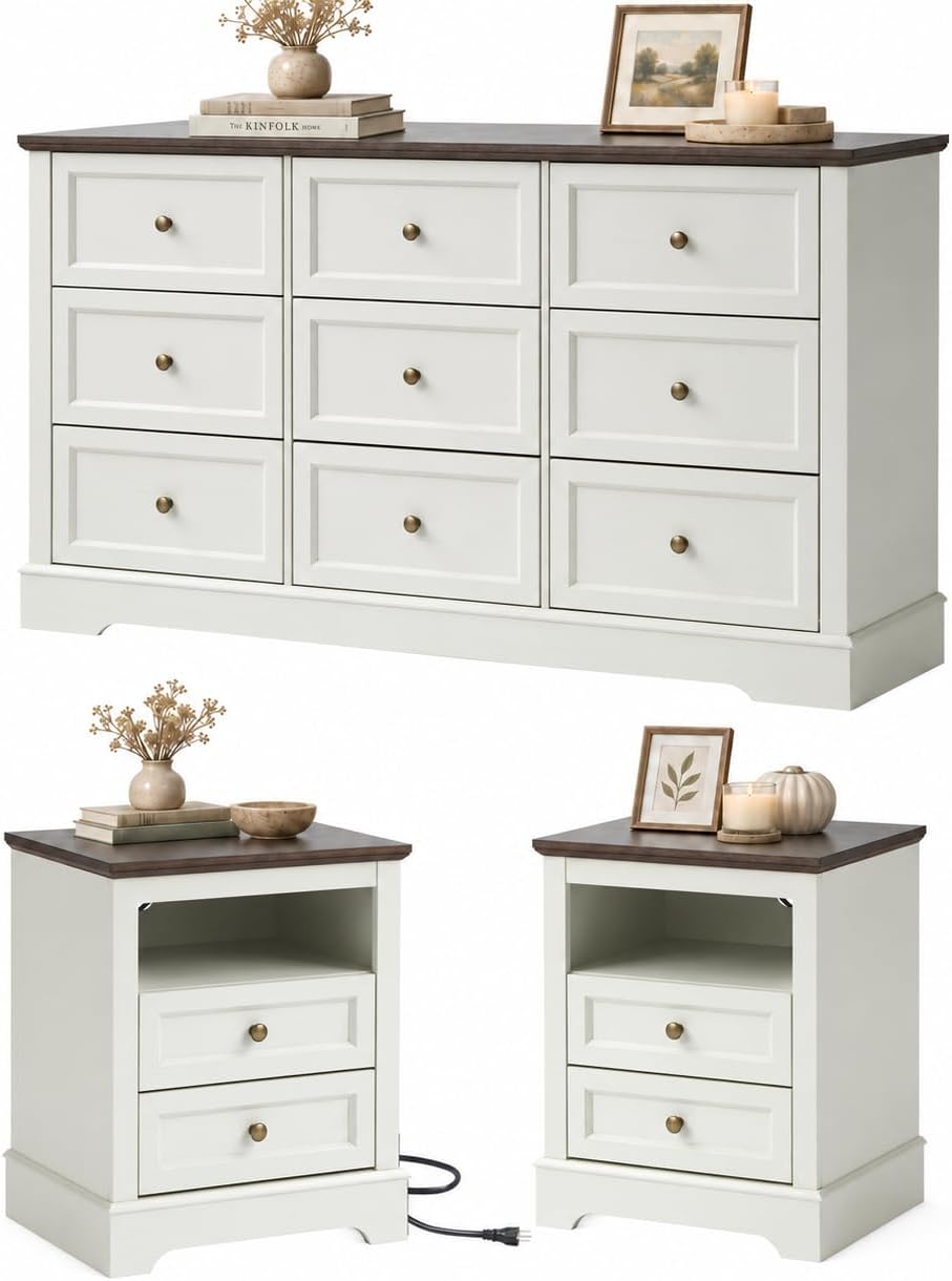 Farmhouse Bedroom Sets of 3, Including 9 Drawer Dresser, Nightstand Set of 2 ...