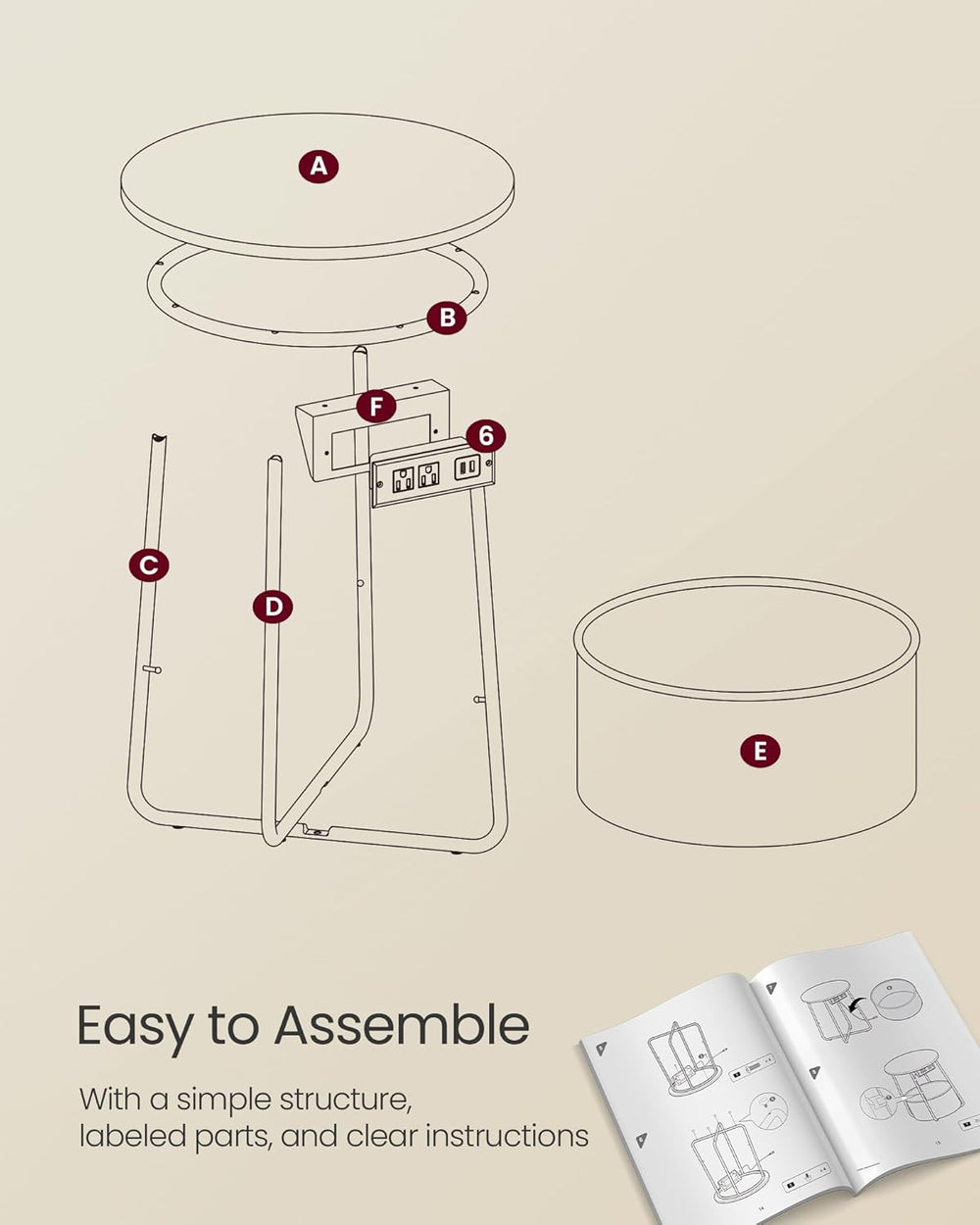 VASAGLE LILEA Collection - Side Table with Charging Station, Round End Table ...