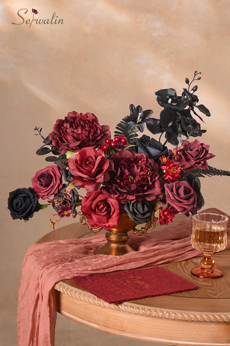 Serwalin Burgundy Black Artificial Flowers Combo, Silk Flowers for Wedding