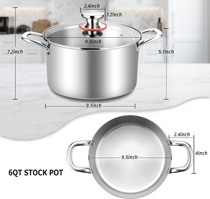 TeamFar 6 Quart Stock Pot, Stainless Steel Tri-Ply Cooking Pasta Pot - Image 2