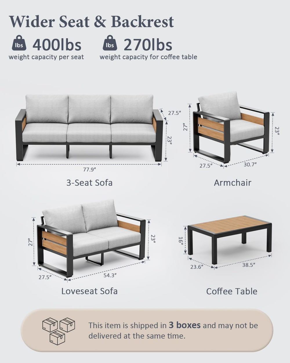 ZANDOR Aluminum Outdoor Patio Furniture-1 Pcs 3-Seat,Dark Gray