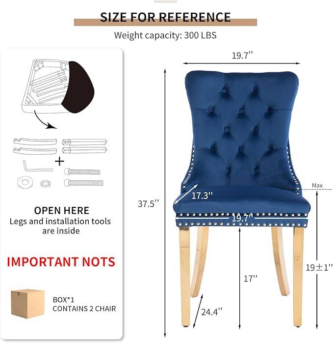 Mid Century Modern Dining Chairs Set of 2, Blue Velvet Upholstered Tufted Bac...